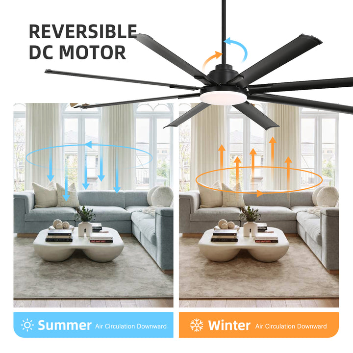 VEYRA 72-inch Modern Ceiling Fan with Light, Remote Control Smart Fan, 8 Aluminum Blades, DC Motor, 6 Speeds, Downrod Mount for Bedroom, Living Room