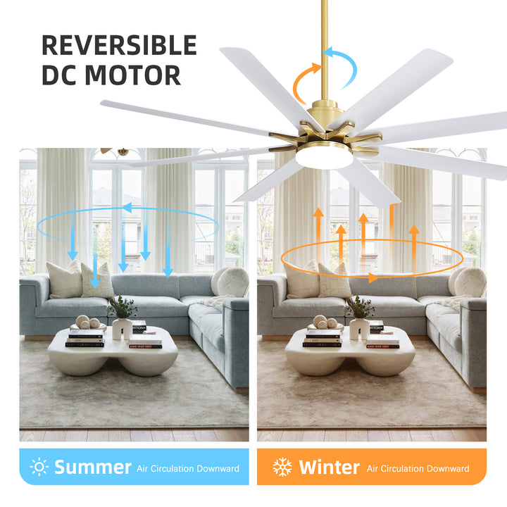 VEYRA 66-inch Modern Ceiling Fan with Light, Remote Control Smart Fan, 8 ABS Blades, DC Motor, 6 Speeds, Downrod Mount for Bedroom, Living Room