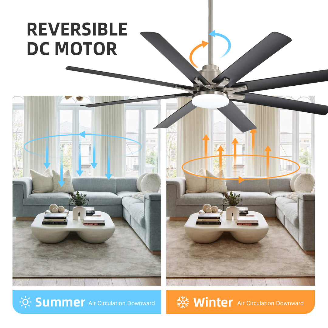 VEYRA 66-inch Modern Ceiling Fan with Light, Remote Control Smart Fan, 8 ABS Blades, DC Motor, 6 Speeds, Downrod Mount for Bedroom, Living Room