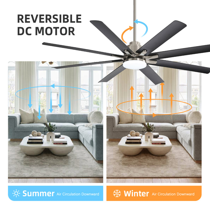 VEYRA 66-inch Modern Ceiling Fan with Light, Remote Control Smart Fan, 8 ABS Blades, DC Motor, 6 Speeds, Downrod Mount for Bedroom, Living Room