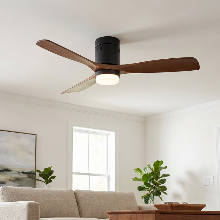 VEYRA 52-inch Modern Ceiling Fan with Light, 3 Solid Wood Blades, DC Motor, 6 Speeds, Flush Mount for Bedroom, Living Room