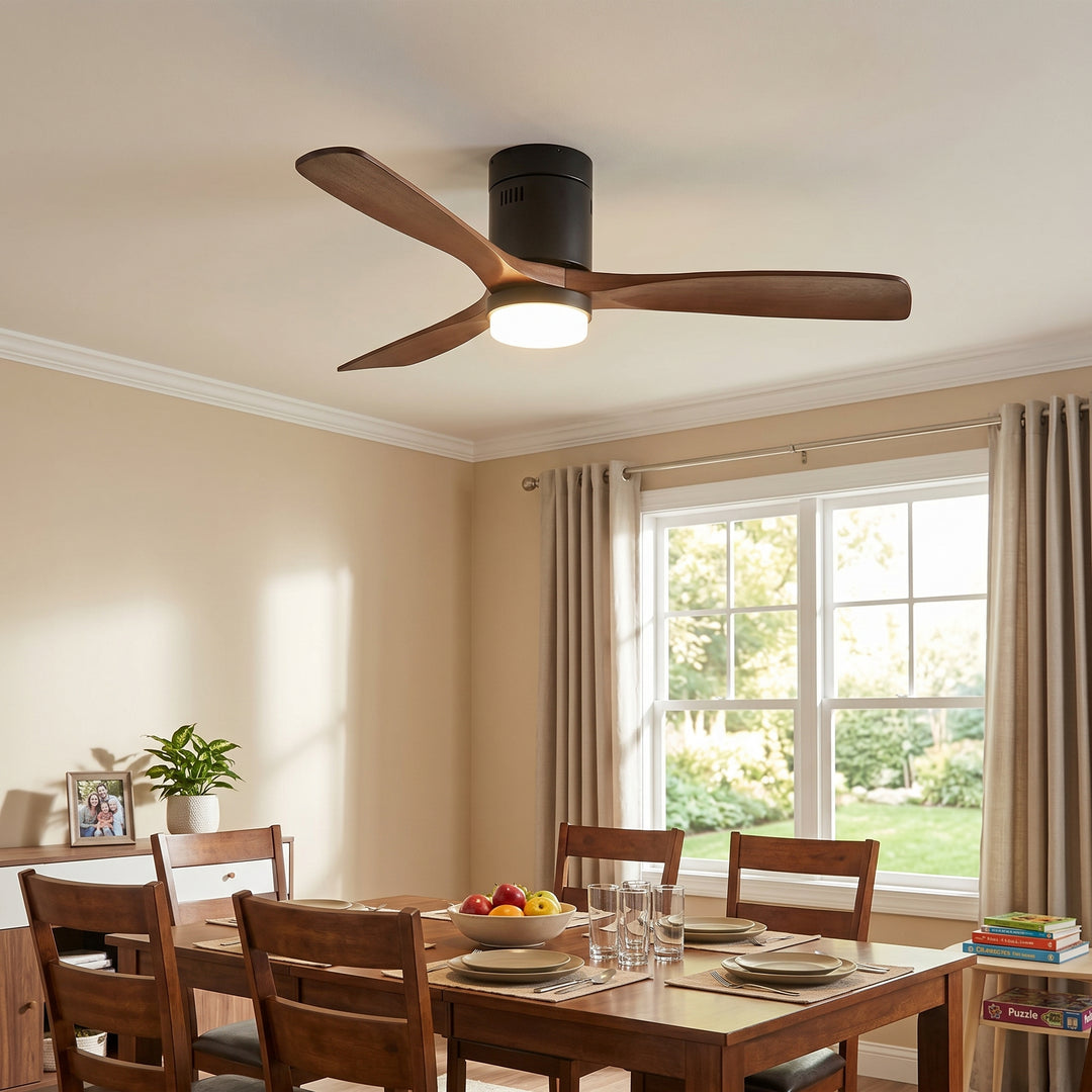 VEYRA 52-inch Modern Ceiling Fan with Light, 3 Solid Wood Blades, DC Motor, 6 Speeds, Flush Mount for Bedroom, Living Room