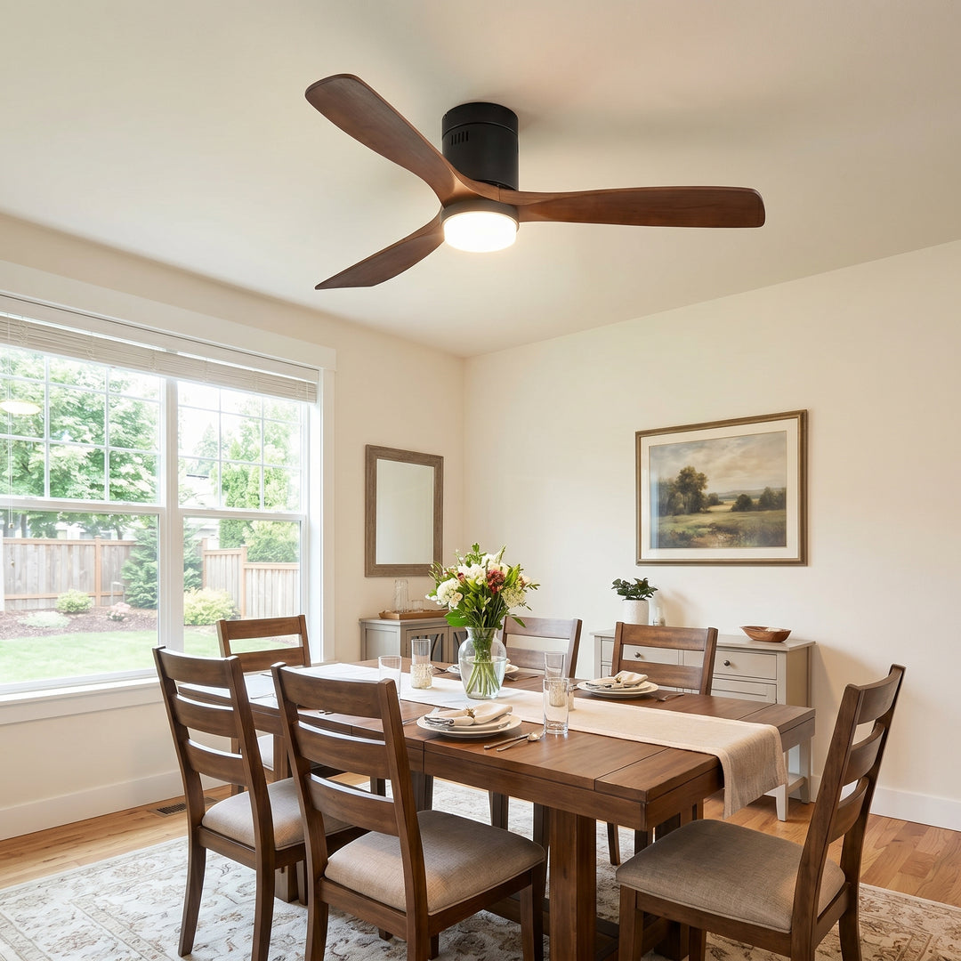 VEYRA 52-inch Modern Ceiling Fan with Light, 3 Solid Wood Blades, DC Motor, 6 Speeds, Flush Mount for Bedroom, Living Room