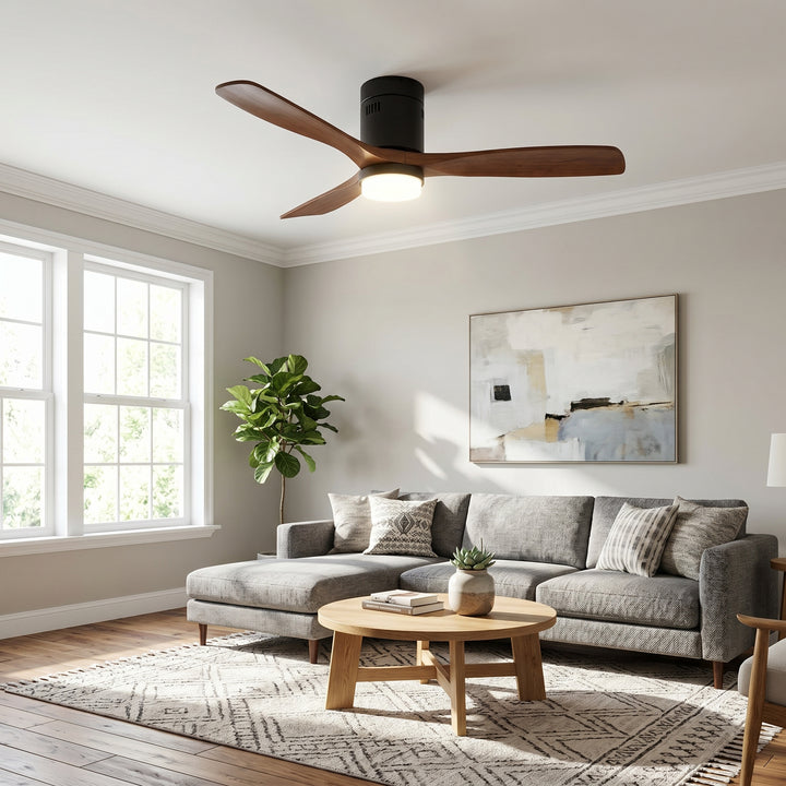 VEYRA 52-inch Modern Ceiling Fan with Light, 3 Solid Wood Blades, DC Motor, 6 Speeds, Flush Mount for Bedroom, Living Room