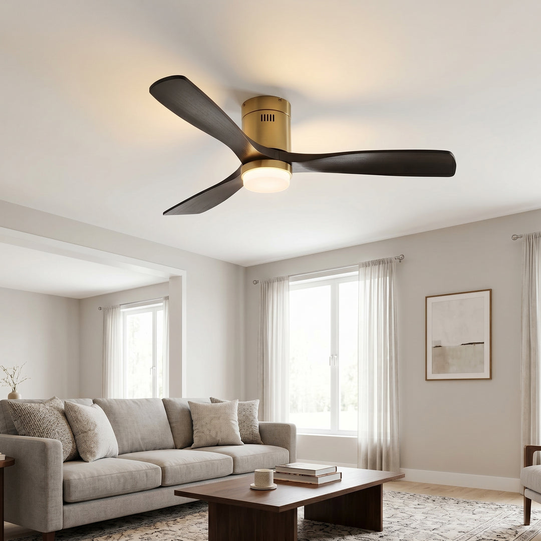 VEYRA 52-inch Modern Ceiling Fan with Light, 3 Solid Wood Blades, DC Motor, 6 Speeds, Flush Mount for Bedroom, Living Room