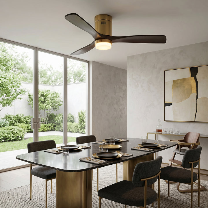 VEYRA 52-inch Modern Ceiling Fan with Light, 3 Solid Wood Blades, DC Motor, 6 Speeds, Flush Mount for Bedroom, Living Room