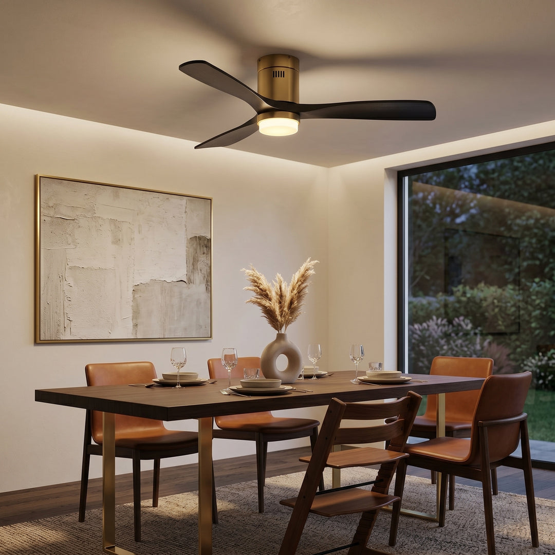 VEYRA 52-inch Modern Ceiling Fan with Light, 3 Solid Wood Blades, DC Motor, 6 Speeds, Flush Mount for Bedroom, Living Room