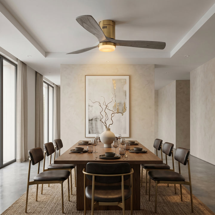 VEYRA 52-inch Modern Ceiling Fan with Light, 3 Solid Wood Blades, DC Motor, 6 Speeds, Flush Mount for Bedroom, Living Room