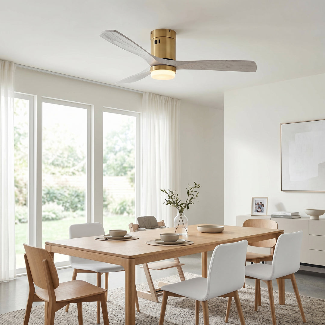 VEYRA 52-inch Modern Ceiling Fan with Light, 3 Solid Wood Blades, DC Motor, 6 Speeds, Flush Mount for Bedroom, Living Room