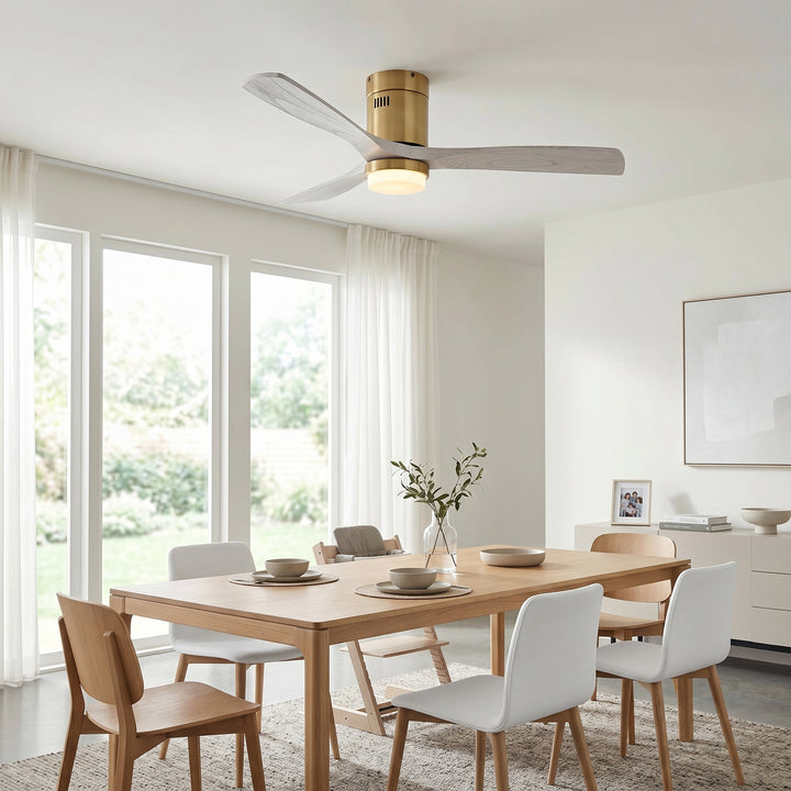 VEYRA 52-inch Modern Ceiling Fan with Light, 3 Solid Wood Blades, DC Motor, 6 Speeds, Flush Mount for Bedroom, Living Room
