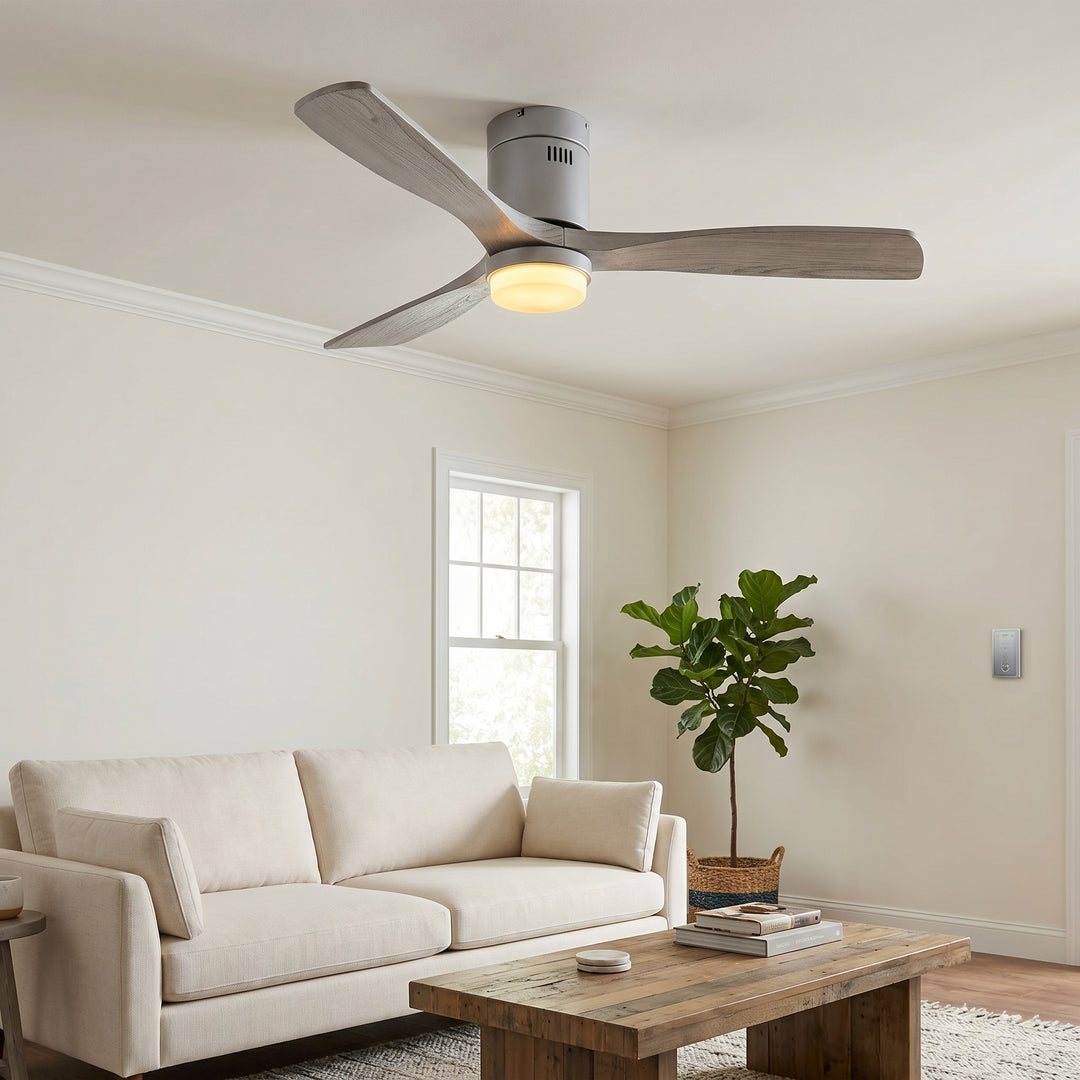 VEYRA 52-inch Modern Ceiling Fan with Light, 3 Solid Wood Blades, DC Motor, 6 Speeds, Flush Mount for Bedroom, Living Room