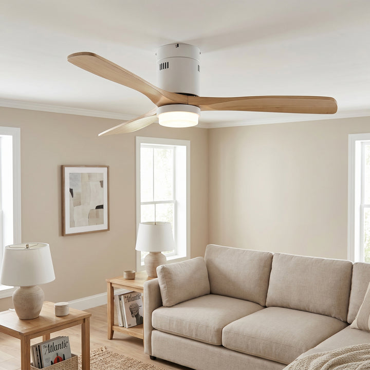 VEYRA 52-inch Modern Ceiling Fan with Light, 3 Solid Wood Blades, DC Motor, 6 Speeds, Flush Mount for Bedroom, Living Room