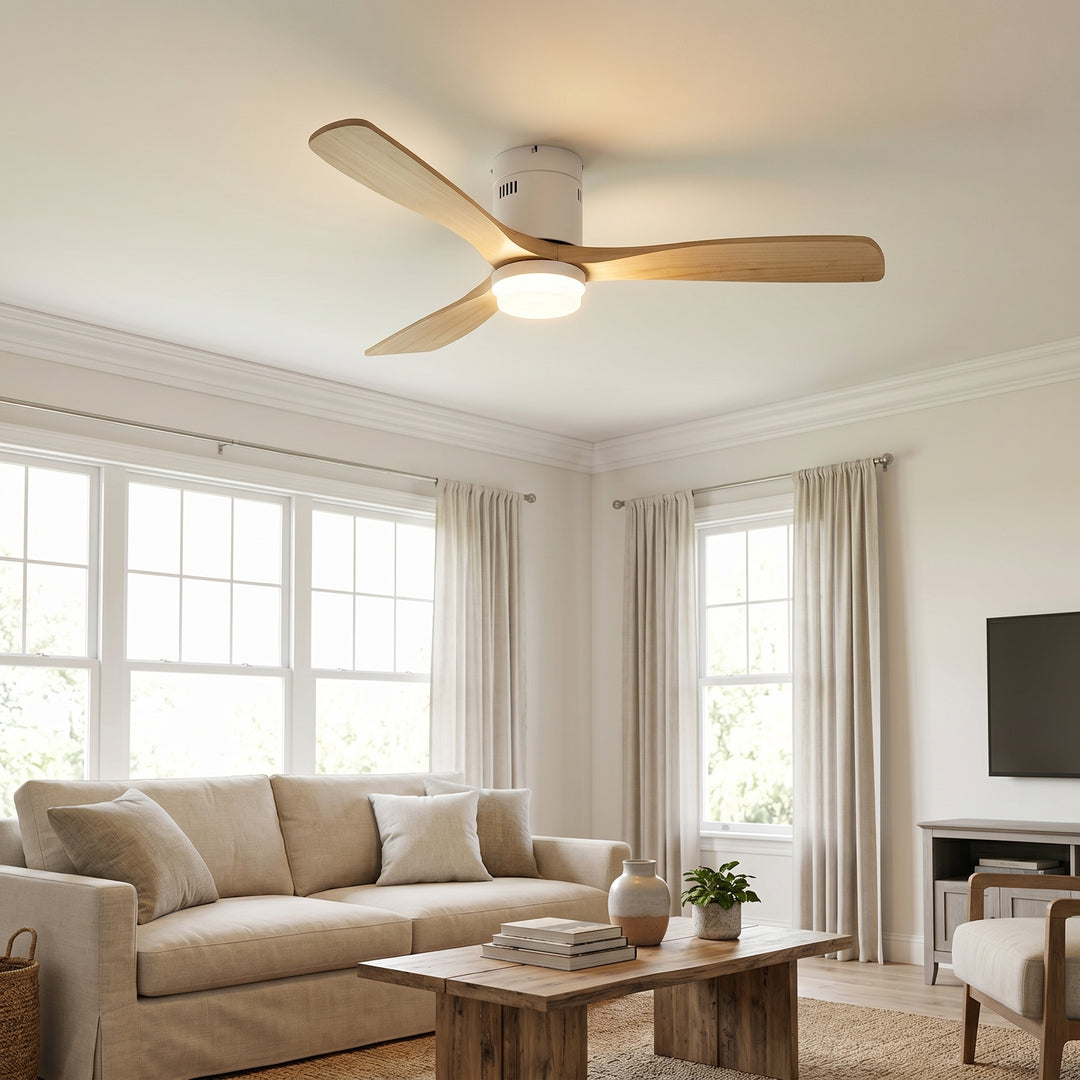 VEYRA 52-inch Modern Ceiling Fan with Light, 3 Solid Wood Blades, DC Motor, 6 Speeds, Flush Mount for Bedroom, Living Room