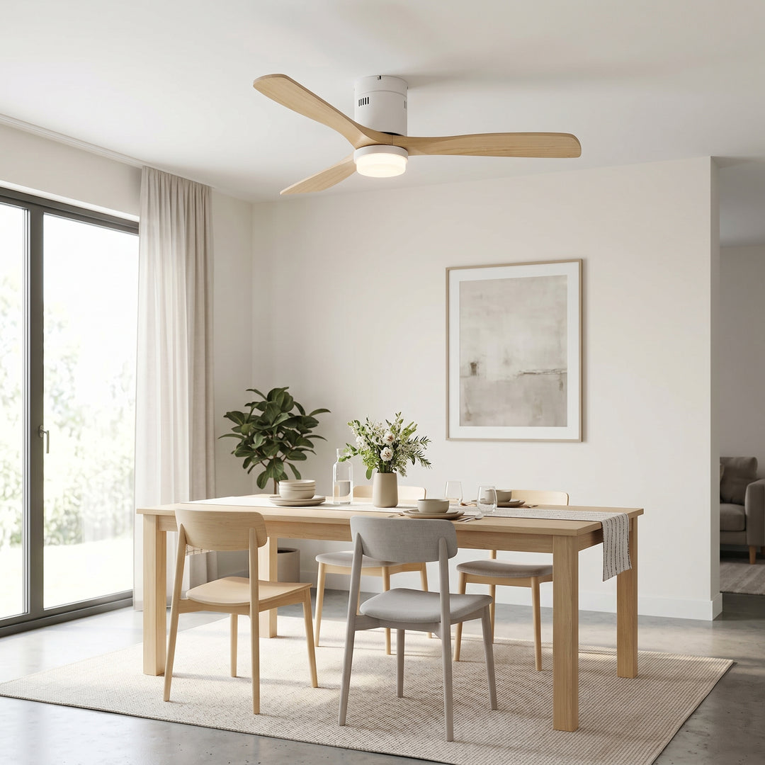 VEYRA 52-inch Modern Ceiling Fan with Light, 3 Solid Wood Blades, DC Motor, 6 Speeds, Flush Mount for Bedroom, Living Room