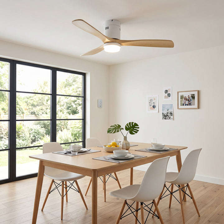 VEYRA 52-inch Modern Ceiling Fan with Light, 3 Solid Wood Blades, DC Motor, 6 Speeds, Flush Mount for Bedroom, Living Room