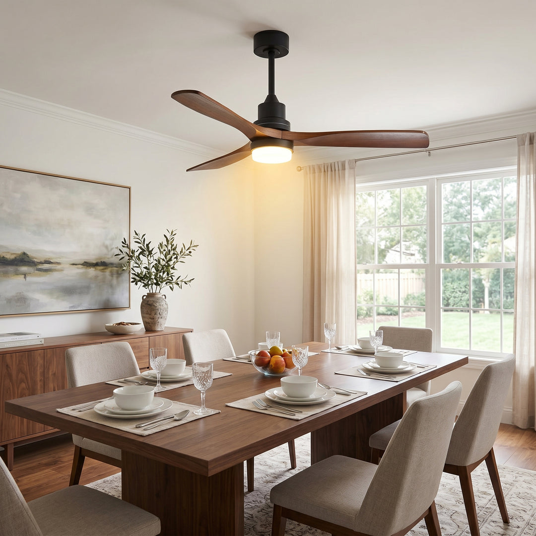 VEYRA 52-inch Modern Ceiling Fan with Light, 3 Solid Wood Blades, DC Motor, 6 Speeds, Downrod Mount for Bedroom, Living Room