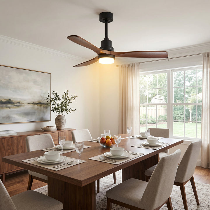 VEYRA 52-inch Modern Ceiling Fan with Light, 3 Solid Wood Blades, DC Motor, 6 Speeds, Downrod Mount for Bedroom, Living Room