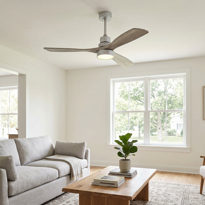 VEYRA 52-inch Modern Ceiling Fan with Light, 3 Solid Wood Blades, DC Motor, 6 Speeds, Downrod Mount for Bedroom, Living Room