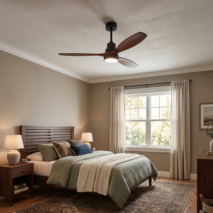 VEYRA 52-inch Modern Ceiling Fan with Light, 3 Solid Wood Blades, DC Motor, 6 Speeds, Downrod Mount for Bedroom, Living Room
