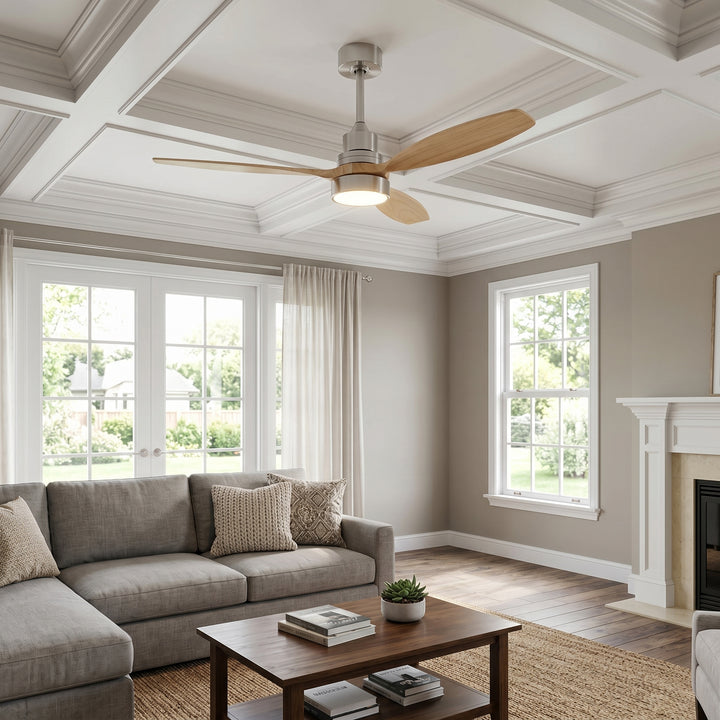 VEYRA 52-inch Modern Ceiling Fan with Light, 3 Solid Wood Blades, DC Motor, 6 Speeds, Downrod Mount for Bedroom, Living Room