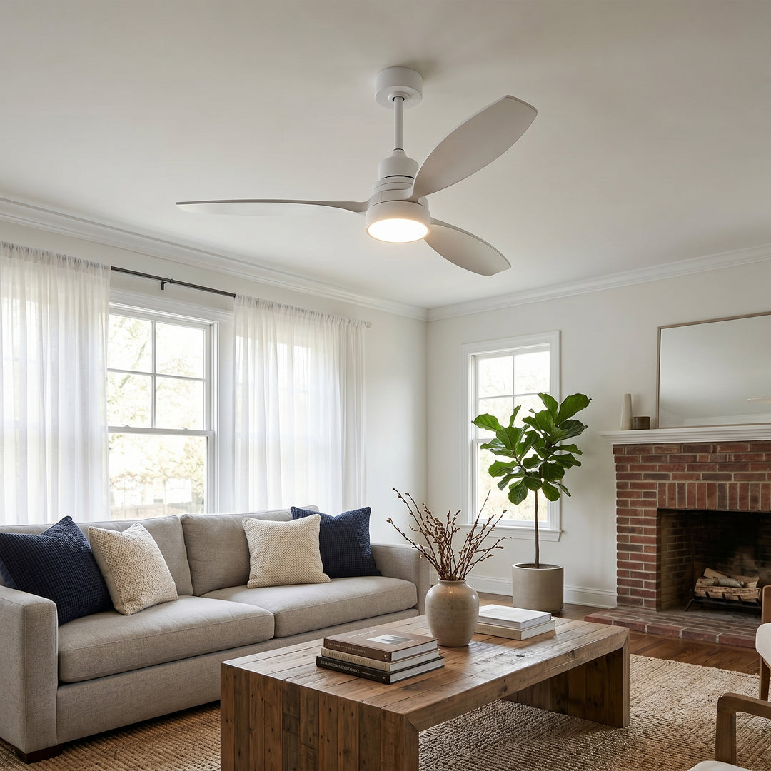 VEYRA 52-inch Modern Ceiling Fan with Light, 3 Solid Wood Blades, DC Motor, 6 Speeds, Downrod Mount for Bedroom, Living Room