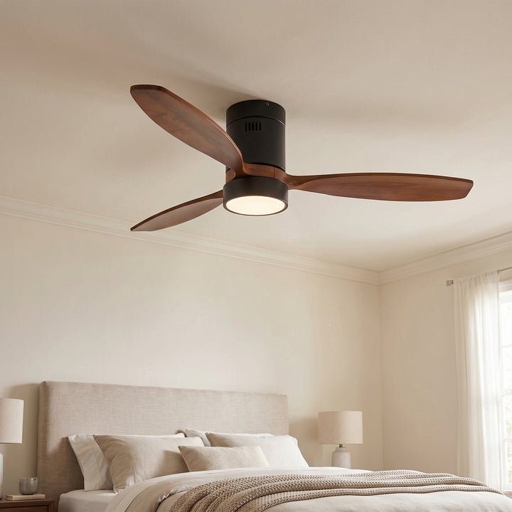 VEYRA 52-inch Modern Ceiling Fan with Light, 3 Solid Wood Blades, DC Motor, 6 Speeds, Flush Mount for Bedroom, Living Room
