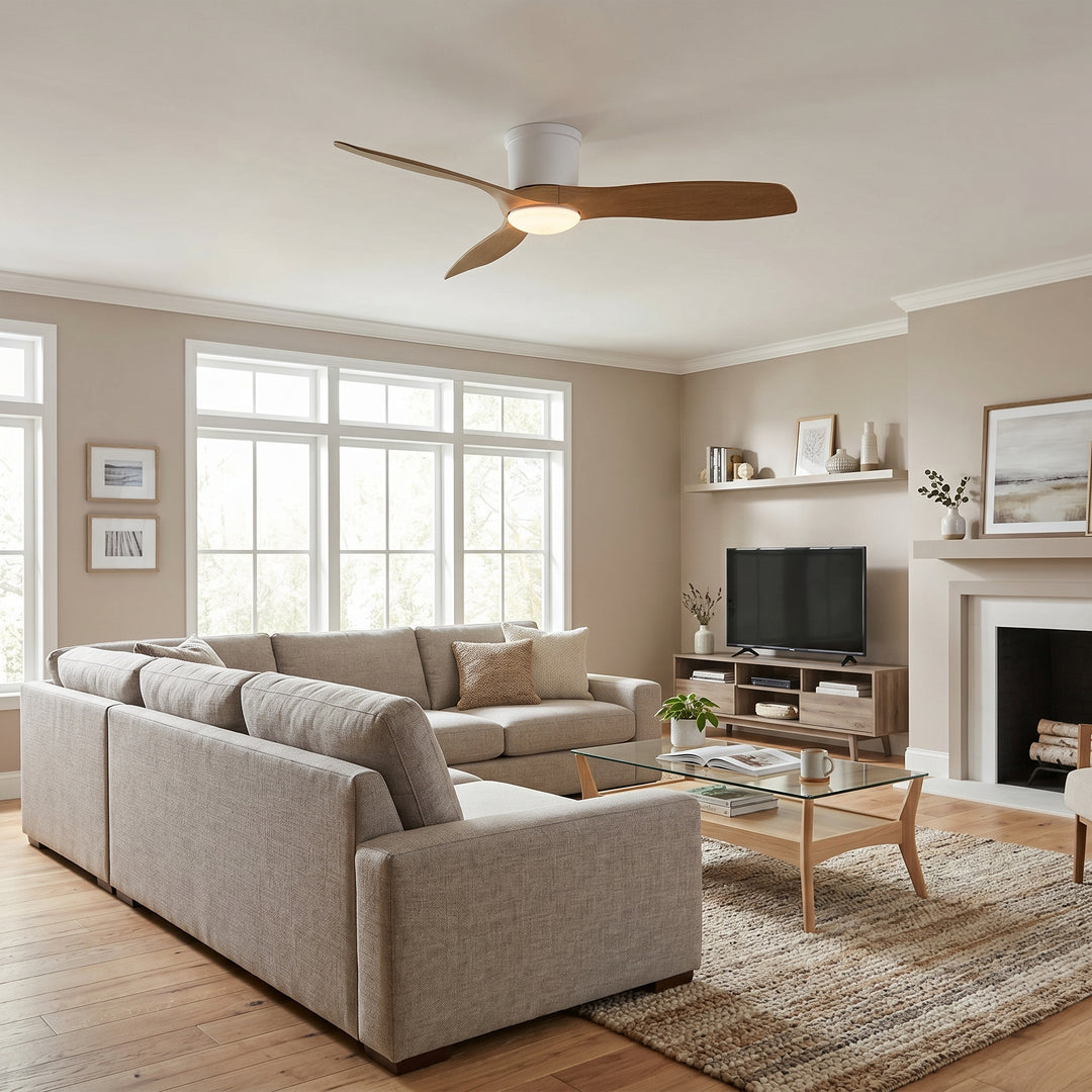 VEYRA 52-inch Modern Ceiling Fan with Light, 3 ABS Blades, DC Motor, 6 Speeds, Flush Mount for Bedroom, Living Room