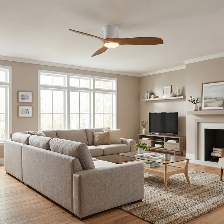 VEYRA 52-inch Modern Ceiling Fan with Light, 3 ABS Blades, DC Motor, 6 Speeds, Flush Mount for Bedroom, Living Room