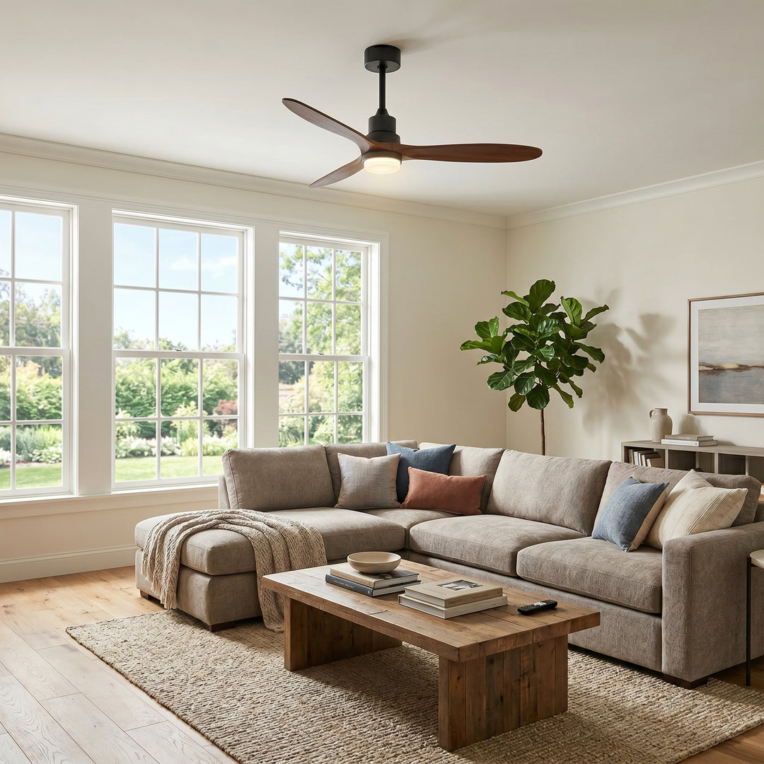 VEYRA 60-inch Modern Ceiling Fan with Light, 3 Solid Wood Blades, DC Motor, 6 Speeds, Downrod Mount for Bedroom, Living Room