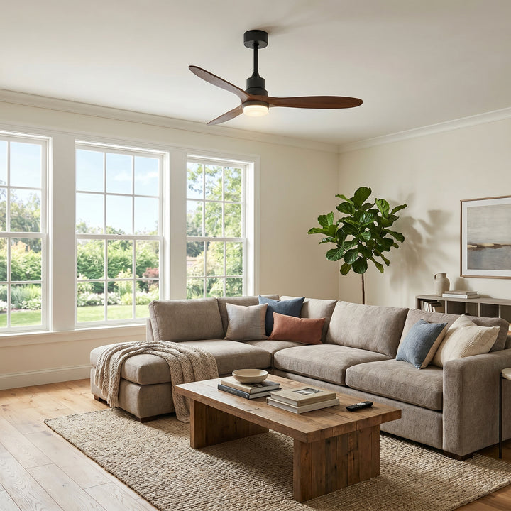 VEYRA 60-inch Modern Ceiling Fan with Light, 3 Solid Wood Blades, DC Motor, 6 Speeds, Downrod Mount for Bedroom, Living Room