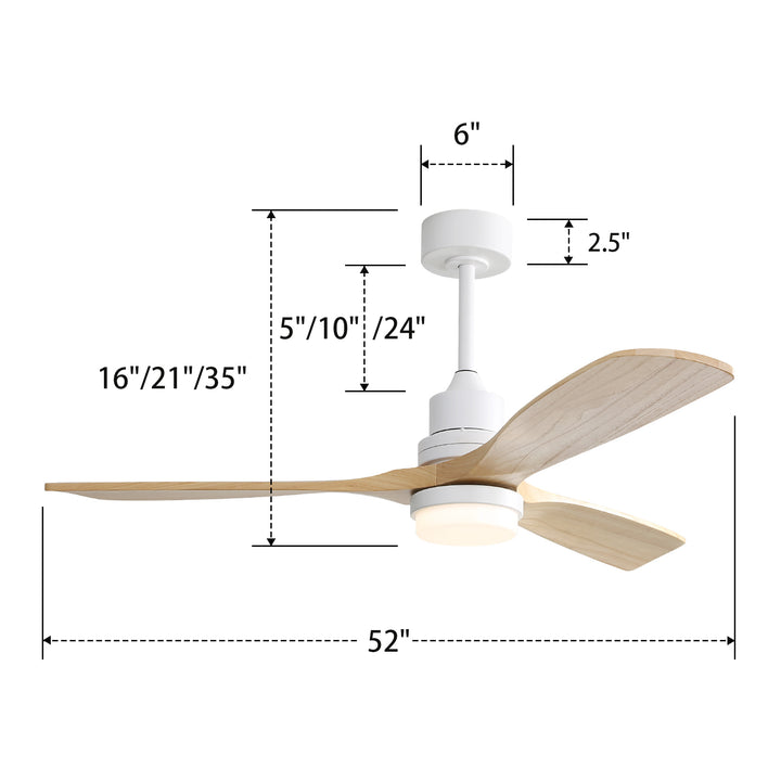 VEYRA 52-inch Modern Ceiling Fan with Light, 3 Solid Wood Blades, DC Motor, 6 Speeds, Downrod Mount for Bedroom, Living Room