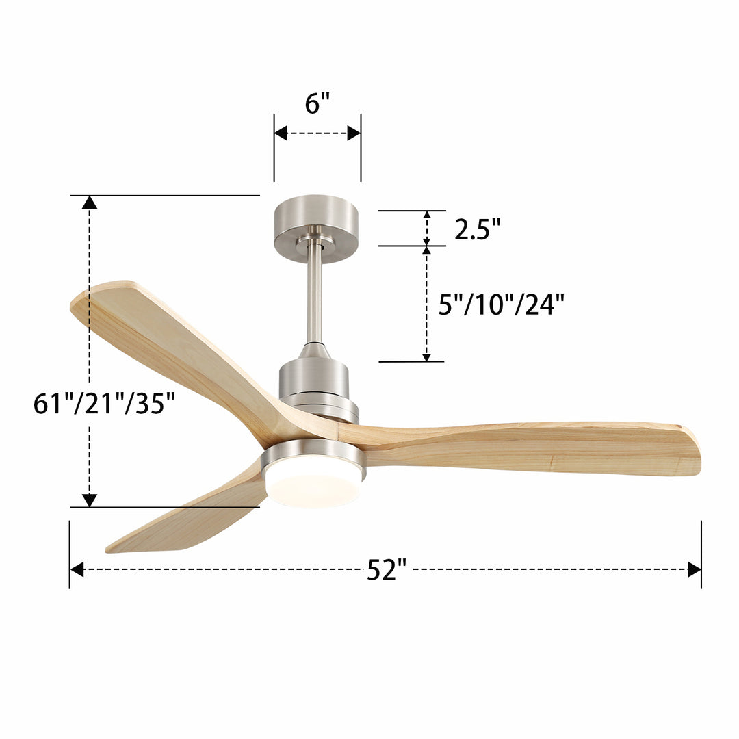 VEYRA 52-inch Modern Ceiling Fan with Light, 3 Solid Wood Blades, DC Motor, 6 Speeds, Downrod Mount for Bedroom, Living Room