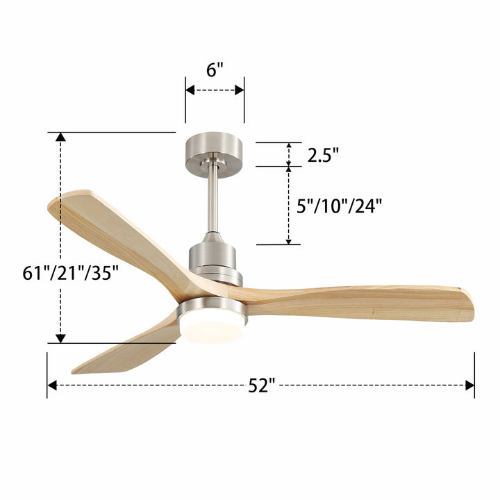 VEYRA 52-inch Modern Ceiling Fan with Light, 3 Solid Wood Blades, DC Motor, 6 Speeds, Downrod Mount for Bedroom, Living Room