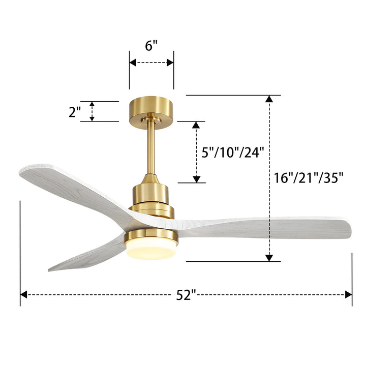 VEYRA 52-inch Modern Ceiling Fan with Light, 3 Solid Wood Blades, DC Motor, 6 Speeds, Downrod Mount for Bedroom, Living Room