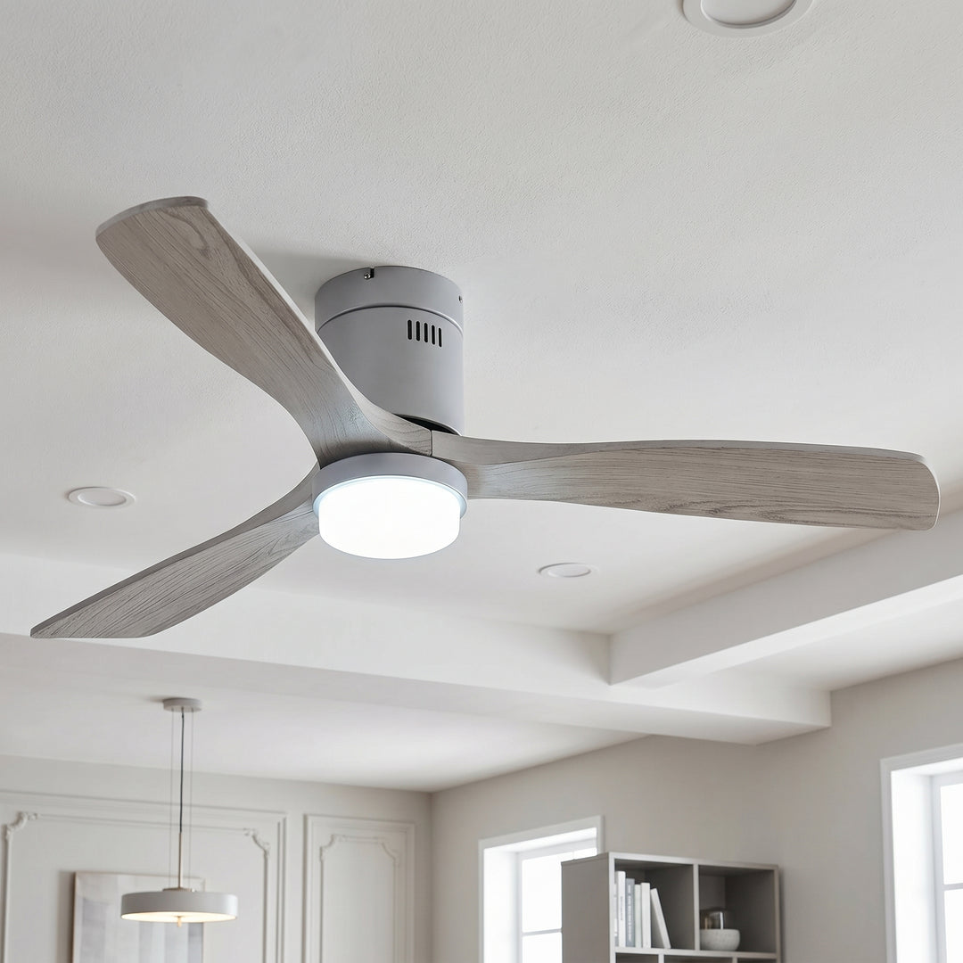 VEYRA 52-inch Modern Ceiling Fan with Light, 3 Solid Wood Blades, DC Motor, 6 Speeds, Flush Mount for Bedroom, Living Room