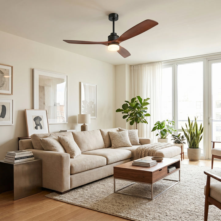 VEYRA 60-inch Modern Ceiling Fan with Light, 3 Solid Wood Blades, DC Motor, 6 Speeds, Downrod Mount for Bedroom, Living Room
