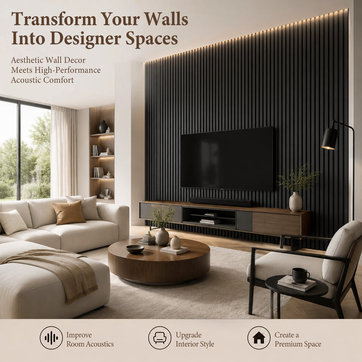 VEYRA Wood Slat Acoustic Wall Panels, Black Walnut, 94.5" x 23.6", 4-Pack