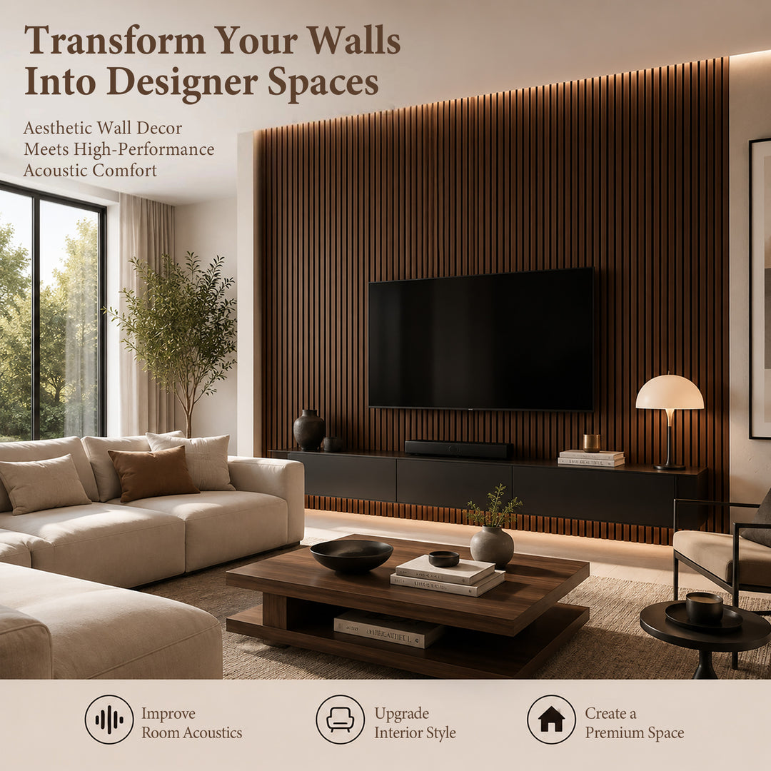 VEYRA Wood Slat Acoustic Wall Panels, Black Walnut, 94.5" x 23.6", 4-Pack