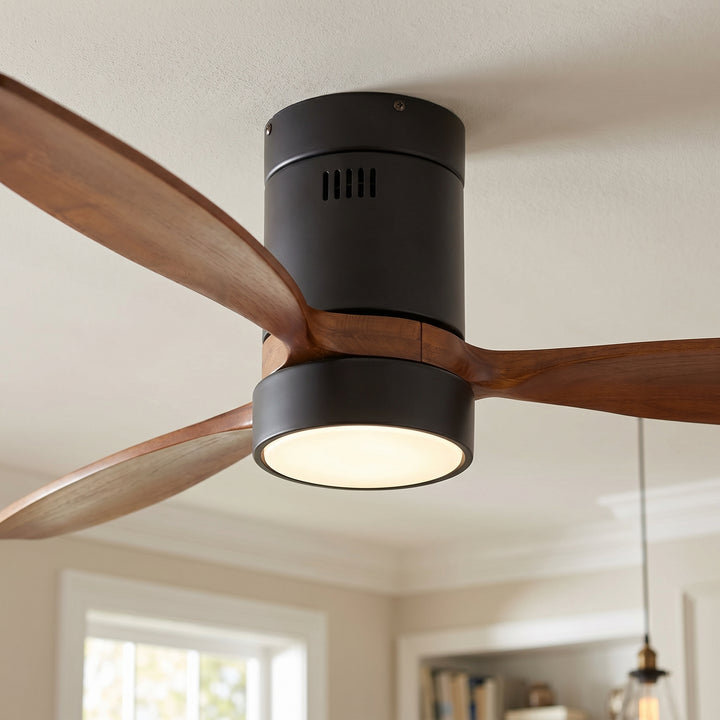 VEYRA 52-inch Modern Ceiling Fan with Light, 3 Solid Wood Blades, DC Motor, 6 Speeds, Flush Mount for Bedroom, Living Room