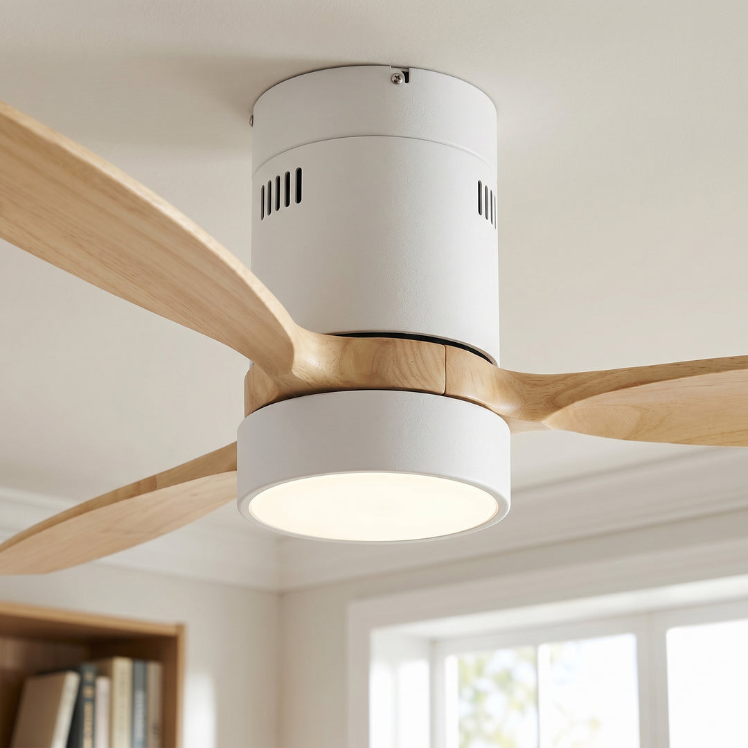 VEYRA 52-inch Modern Ceiling Fan with Light, 3 Solid Wood Blades, DC Motor, 6 Speeds, Flush Mount for Bedroom, Living Room