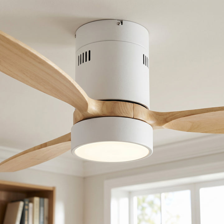 VEYRA 52-inch Modern Ceiling Fan with Light, 3 Solid Wood Blades, DC Motor, 6 Speeds, Flush Mount for Bedroom, Living Room