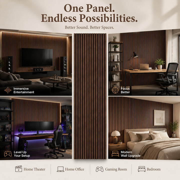 VEYRA Wood Slat Acoustic Wall Panels, Black Walnut, 94.5" x 23.6", 4-Pack