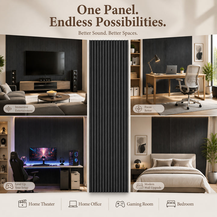 VEYRA Wood Slat Acoustic Wall Panels, Black Walnut, 94.5" x 23.6", 4-Pack