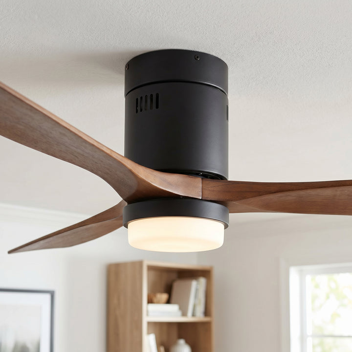 VEYRA 52-inch Modern Ceiling Fan with Light, 3 Solid Wood Blades, DC Motor, 6 Speeds, Flush Mount for Bedroom, Living Room
