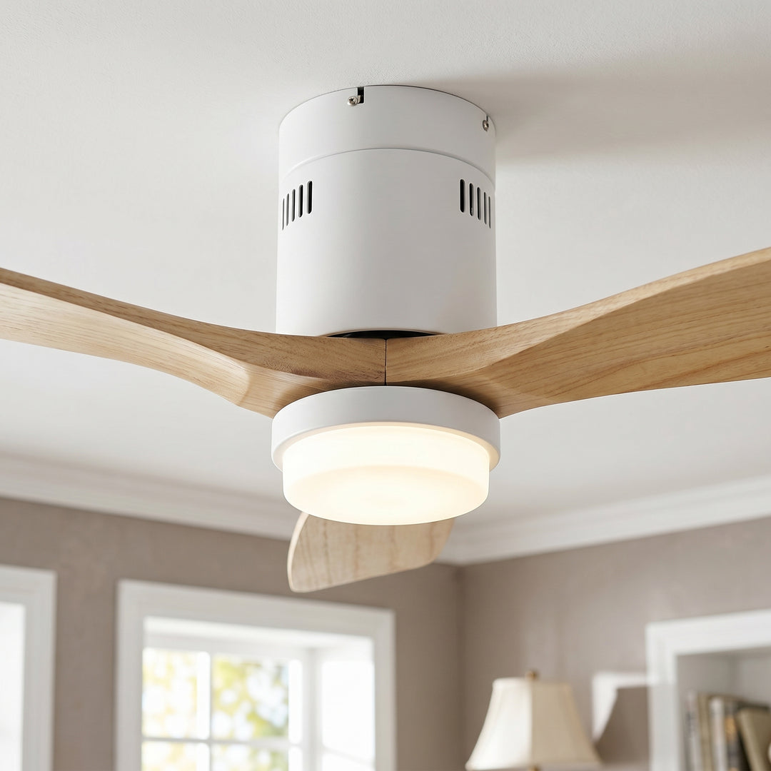 VEYRA 52-inch Modern Ceiling Fan with Light, 3 Solid Wood Blades, DC Motor, 6 Speeds, Flush Mount for Bedroom, Living Room