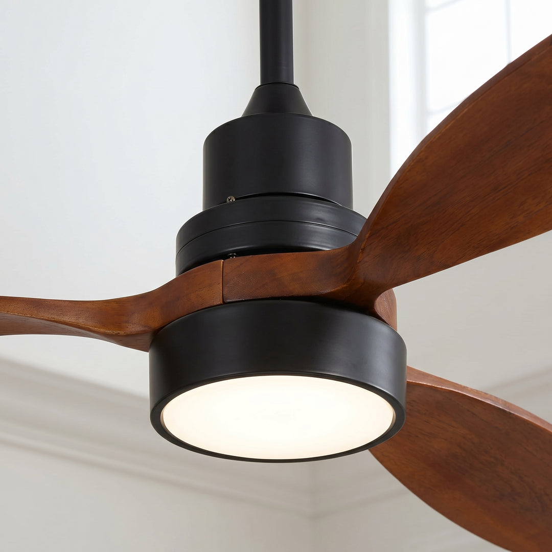 VEYRA 52-inch Modern Ceiling Fan with Light, 3 Solid Wood Blades, DC Motor, 6 Speeds, Downrod Mount for Bedroom, Living Room