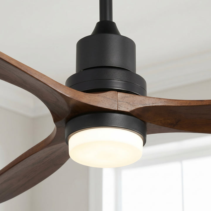VEYRA 60-inch Modern Ceiling Fan with Light, 3 Solid Wood Blades, DC Motor, 6 Speeds, Downrod Mount for Bedroom, Living Room
