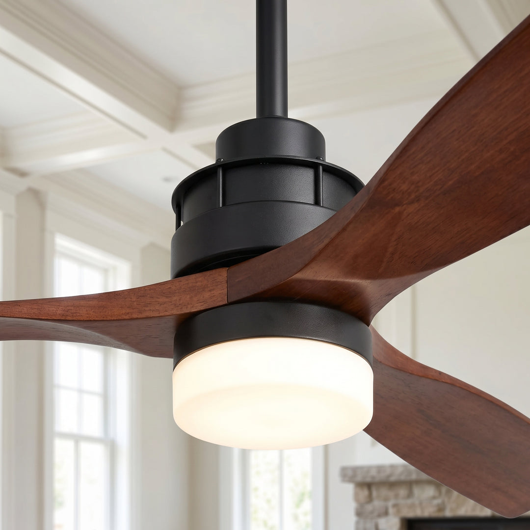 VEYRA 60-inch Modern Ceiling Fan with Light, 3 Solid Wood Blades, DC Motor, 6 Speeds, Downrod Mount for Bedroom, Living Room