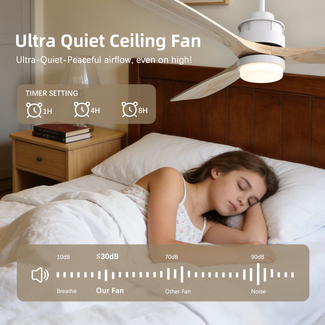 VEYRA 60-inch Modern Ceiling Fan with Light, 3 Solid Wood Blades, DC Motor, 6 Speeds, Downrod Mount for Bedroom, Living Room