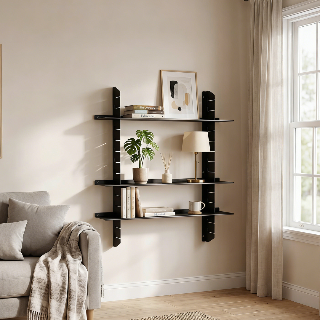VEYRA Adjustable Multi-Tier Metal Floating Shelves in Matte Black